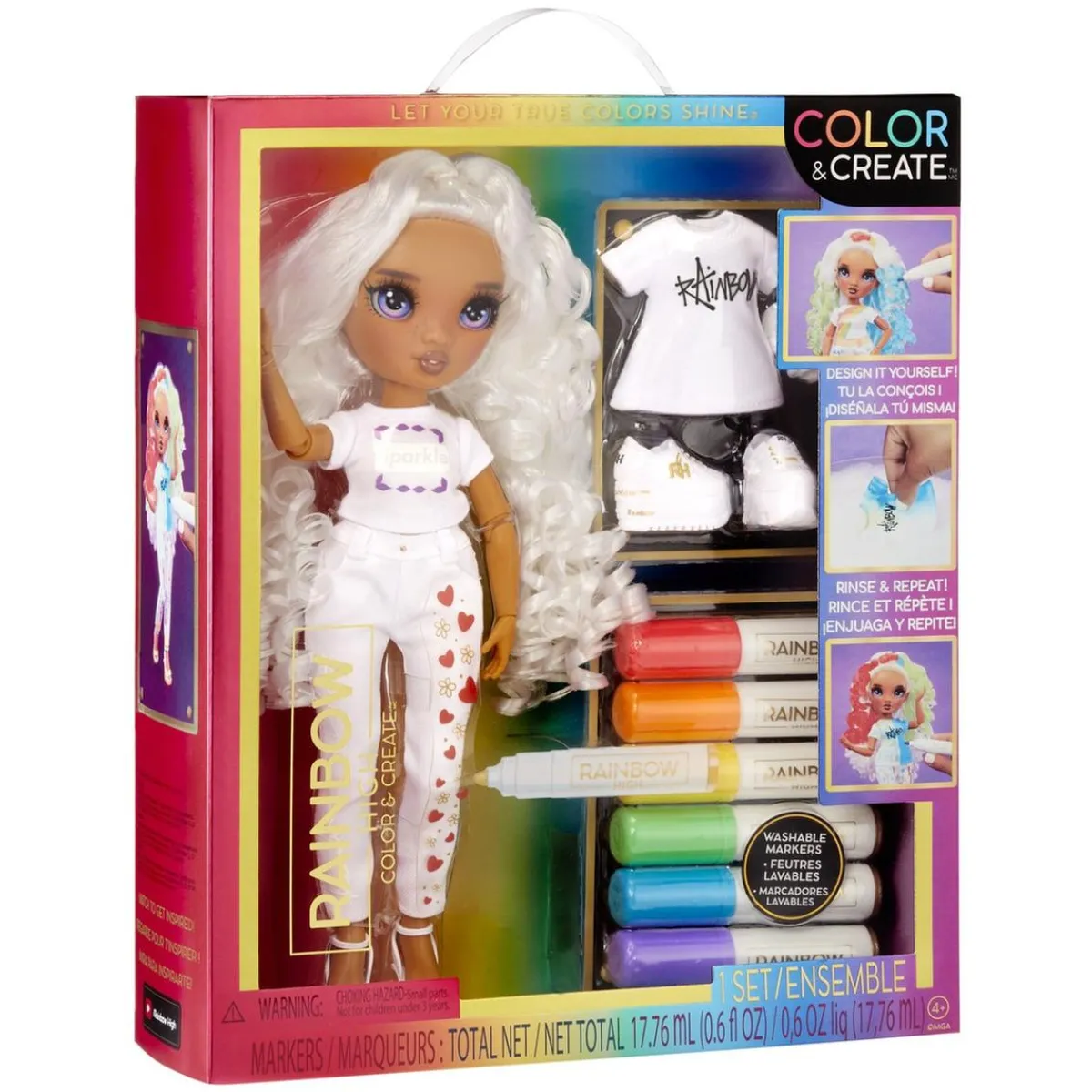 BABY born - Muñeca Fashion DIY colorear y crear - ojos morados, pelo rizado, top y zapatos extra, rotuladores arcoiris Muñecas