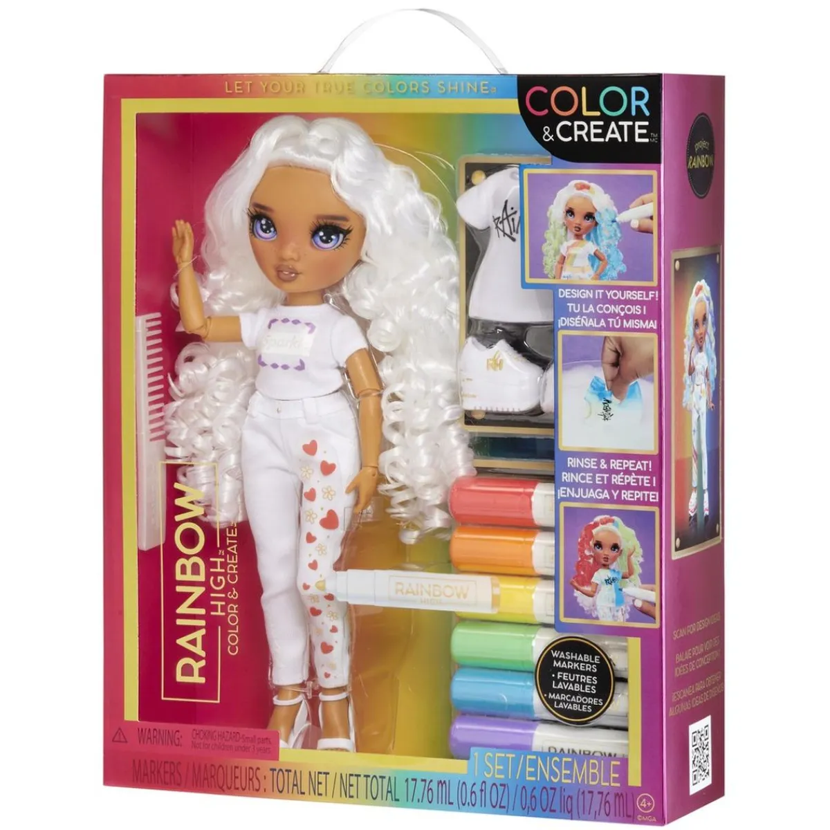 BABY born - Muñeca Fashion DIY colorear y crear - ojos morados, pelo rizado, top y zapatos extra, rotuladores arcoiris Muñecas