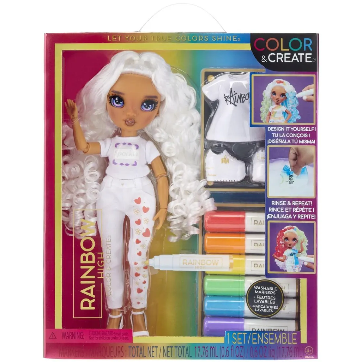 BABY born - Muñeca Fashion DIY colorear y crear - ojos morados, pelo rizado, top y zapatos extra, rotuladores arcoiris Muñecas