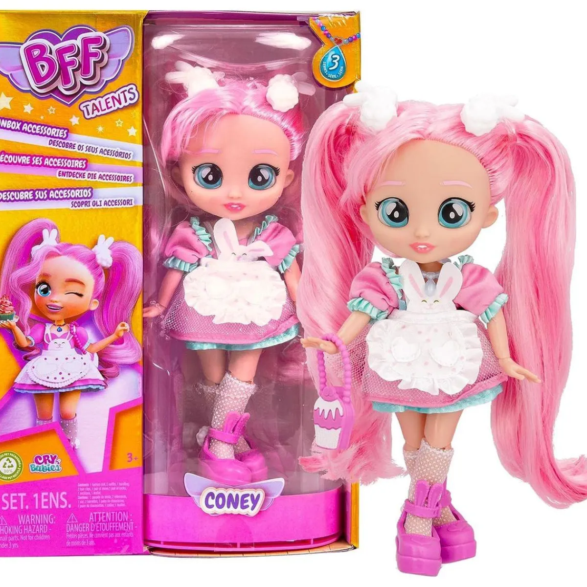 Hot Bebés Llorones - Best Friends Forever Serie 3 Coney con pelo largo y 9 accesorios ㅤ Muñecas