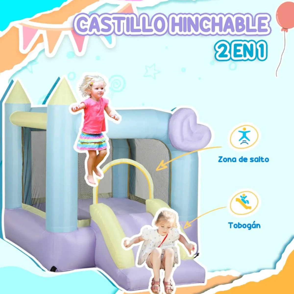 Castillo Hinchable con Tobogán Doble y Área de Salto*AIYAPLAY Online