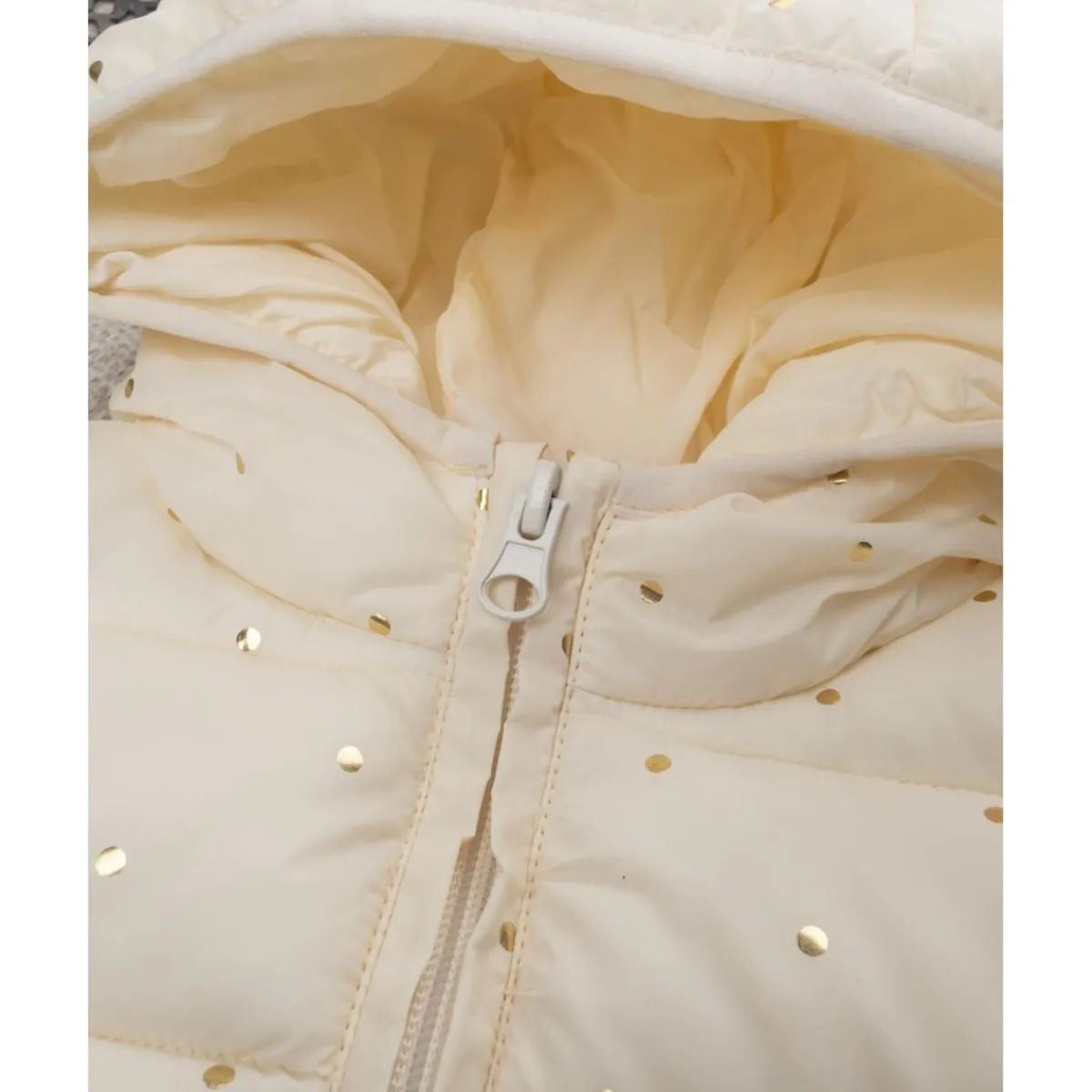 Chaqueta niña color crema con capucha y topos foil*Prenatal