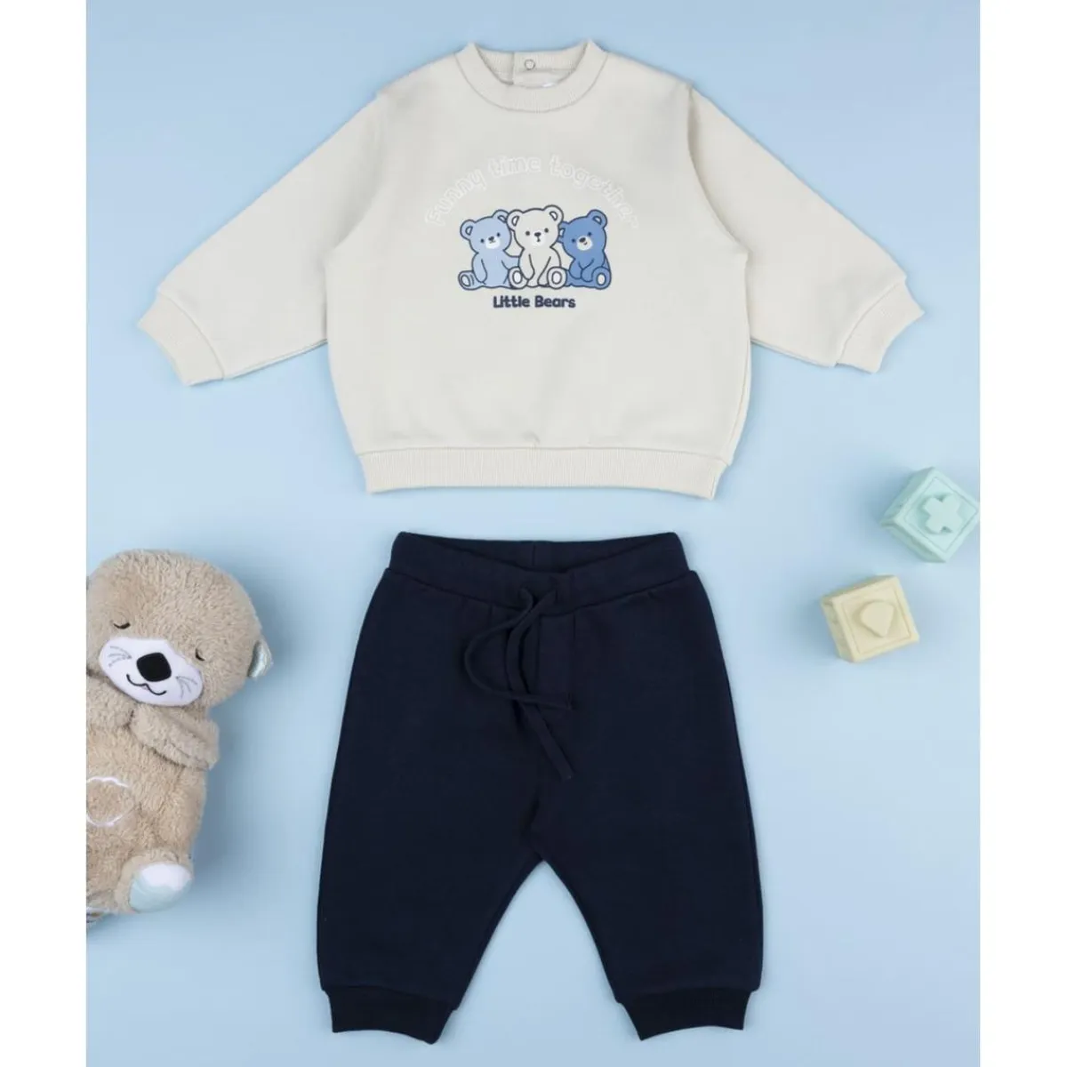 Conjunto jogging bebé beige y azul con ositos*Prenatal New
