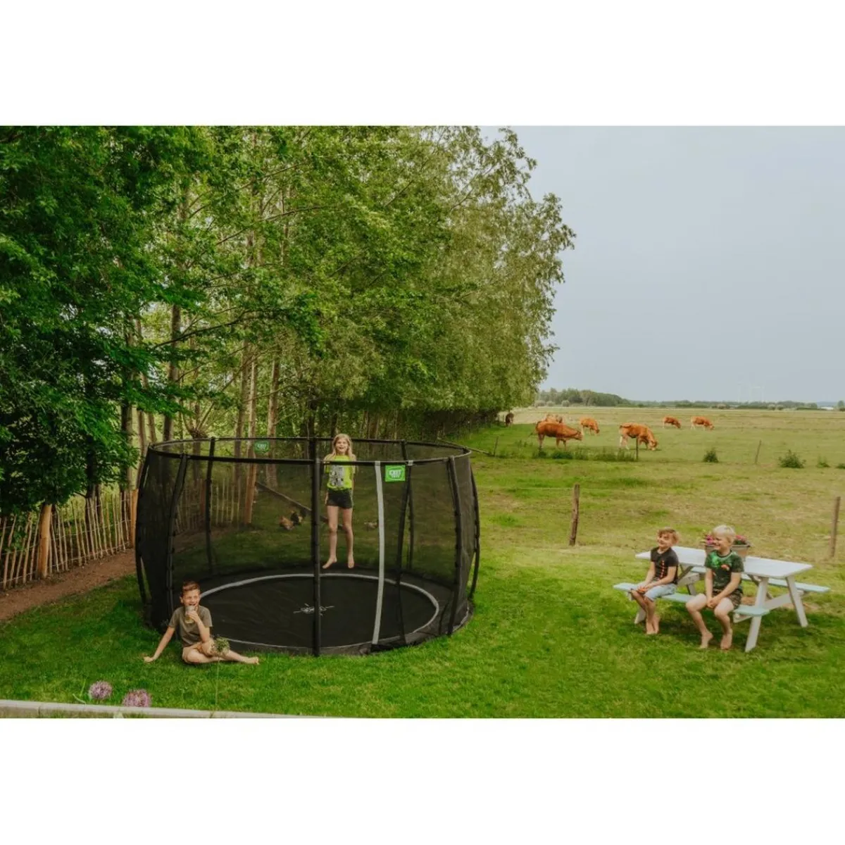Exit - Cama elástica de suelo Dynamic 305 cm negro con red de seguridad*Exit Toys Outlet