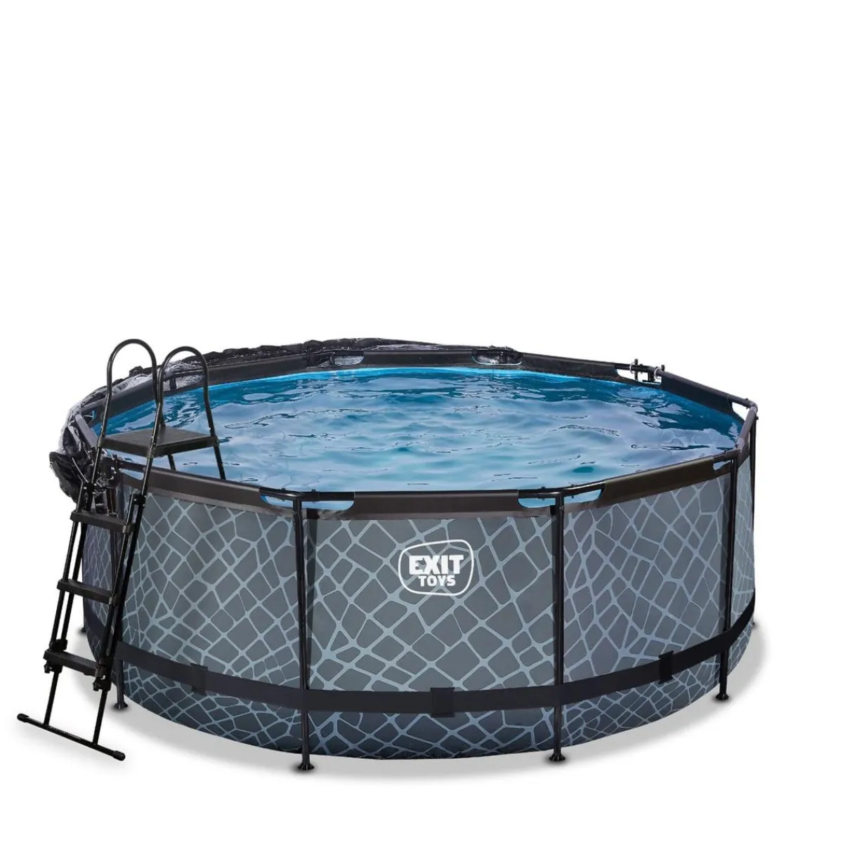 Exit - Piscina Stone efecto piedra gris diámetro 360 x 122 cm con filtro de arena, cúpula transparente y bomba de calor*Exit Toys Online