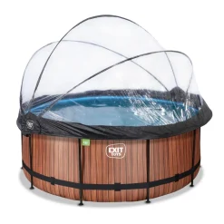 Hot Exit - Piscina Wood efecto madera marrón diámetro 360 x 122 cm con filtro de arena, cúpula transparente y bomba de calor Piscinas|Juguetes De Verano