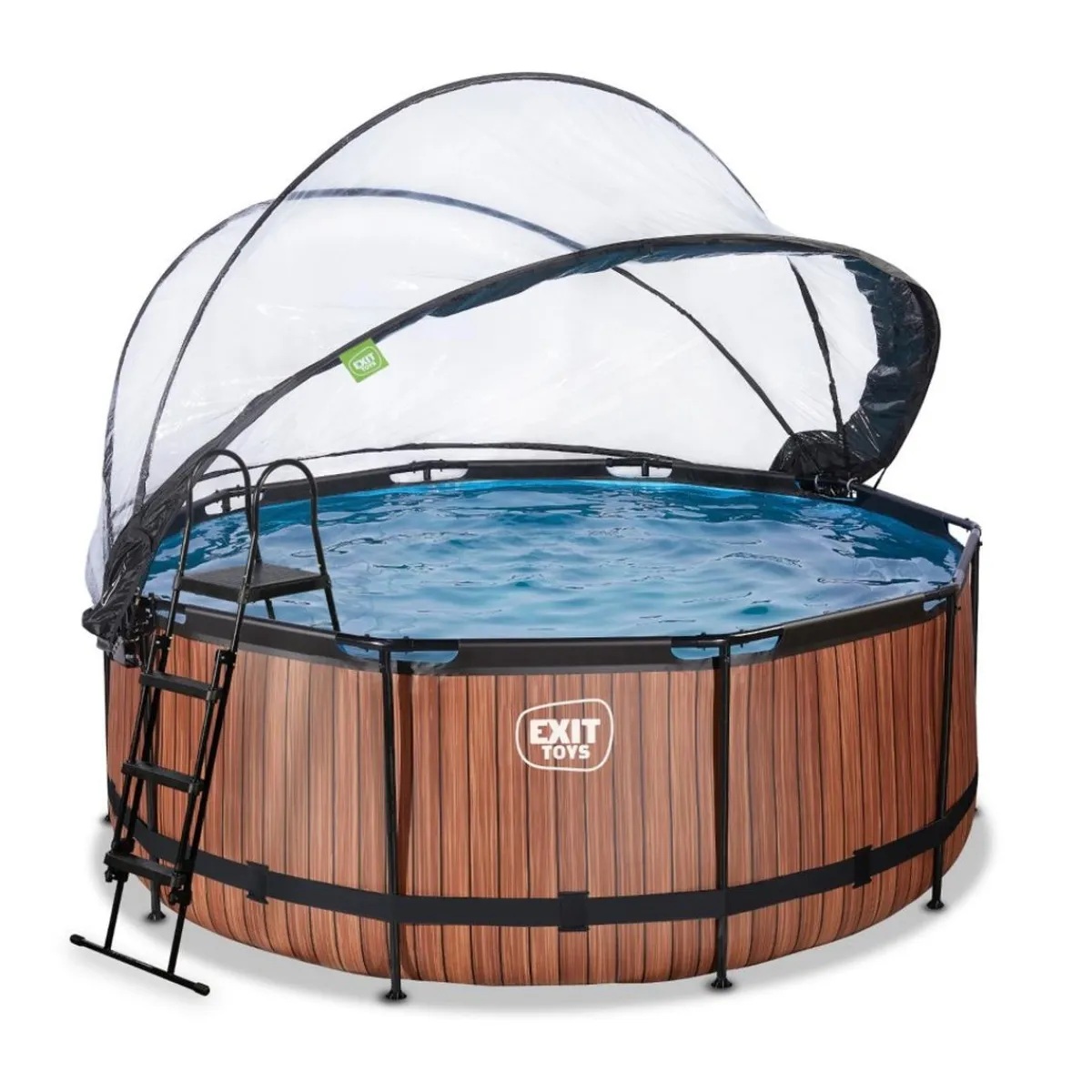 Exit - Piscina Wood efecto madera marrón diámetro 360 x 122 cm con filtro de arena y cúpula transparente*Exit Toys Discount