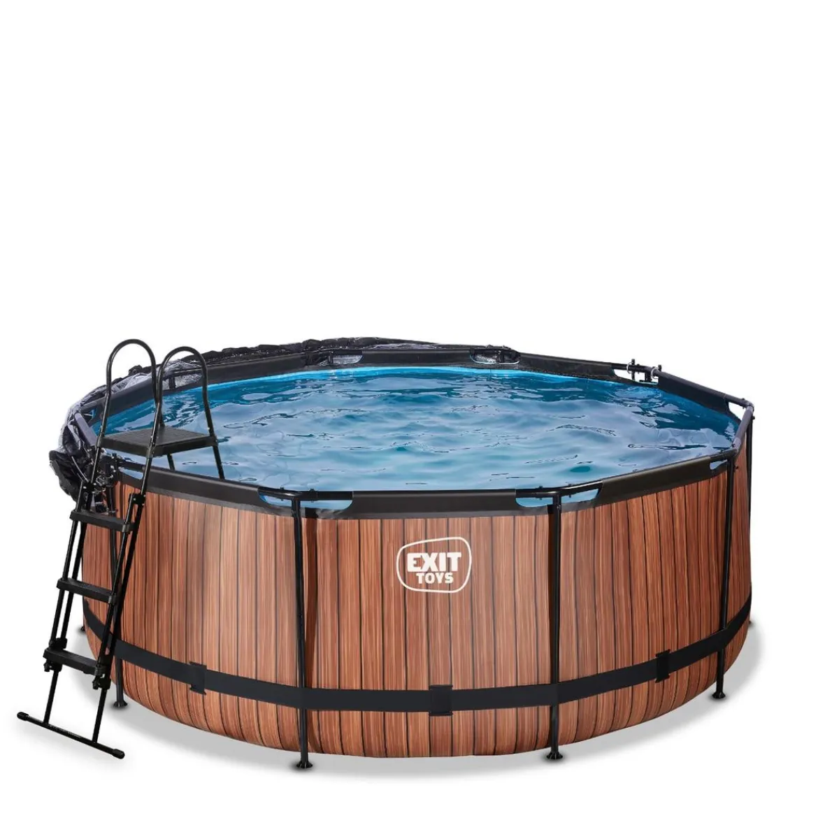 Exit - Piscina Wood efecto madera marrón diámetro 360 x 122 cm con filtro de arena y cúpula transparente*Exit Toys Discount
