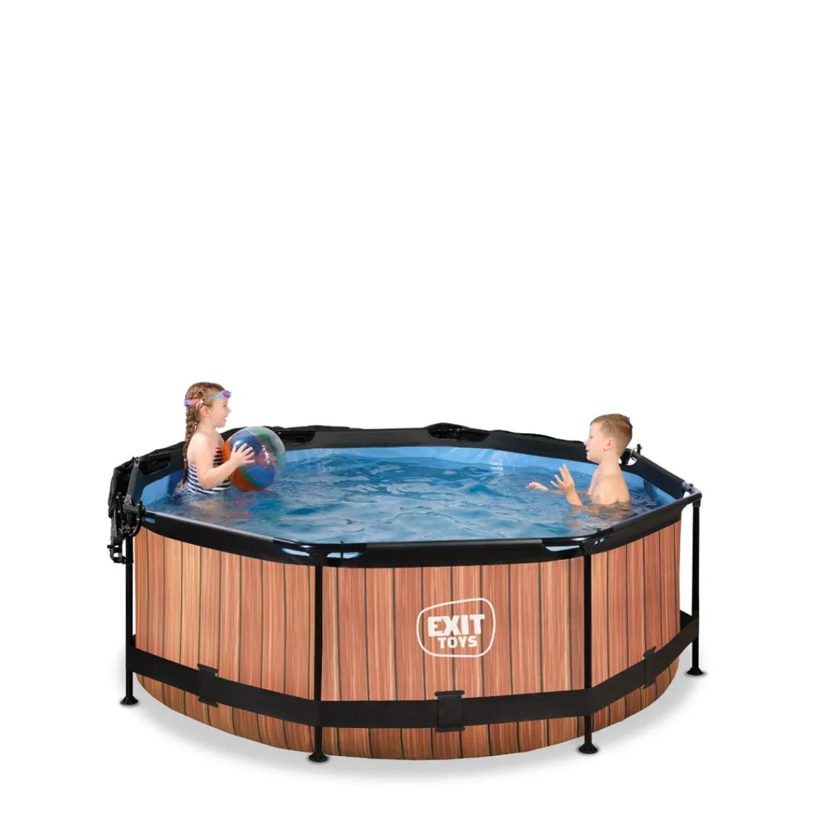 Exit - Piscina Wood efecto madera marrón diámetro 244 x 76 cm con filtro y toldo negro*Exit Toys Online