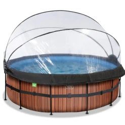 Best Exit - Piscina Wood efecto madera diámetro 427 x 122 cm con filtro de arena y cúpula Piscinas|Juguetes De Verano