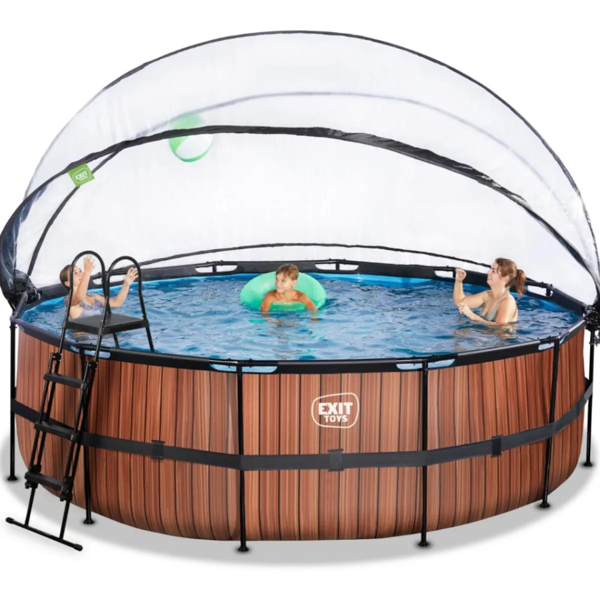 Exit - Piscina Wood efecto madera diámetro 450 x 122 cm con filtro de arena, cúpula y bomba de calor*Exit Toys Online