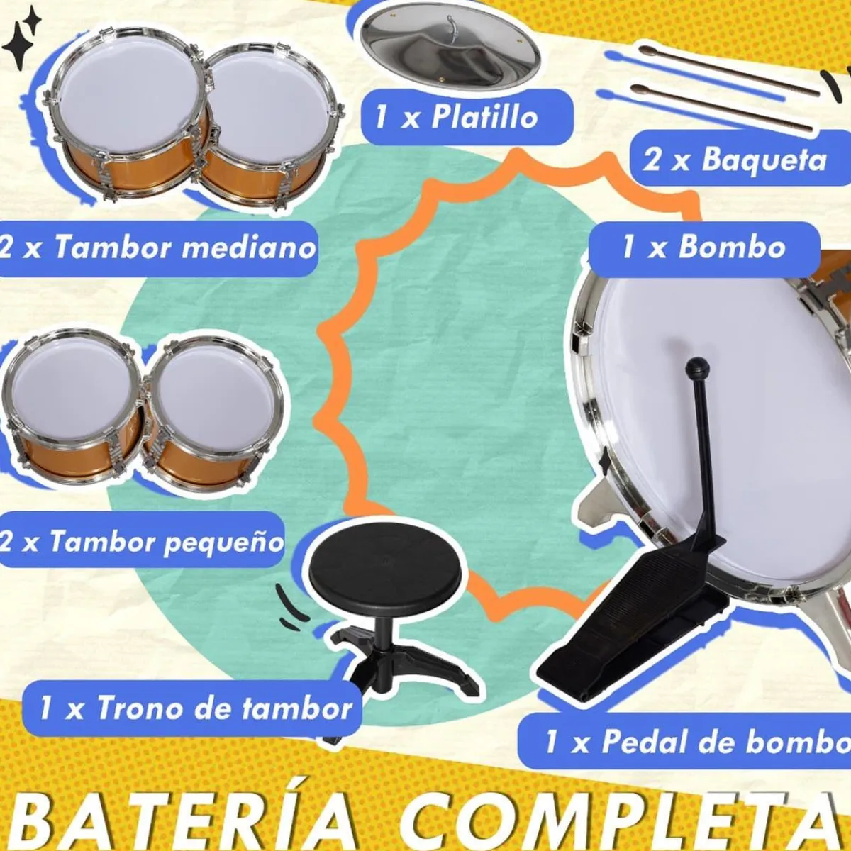 Homcom - Batería infantil 6 piezas con taburete Dorado*AIYAPLAY Outlet