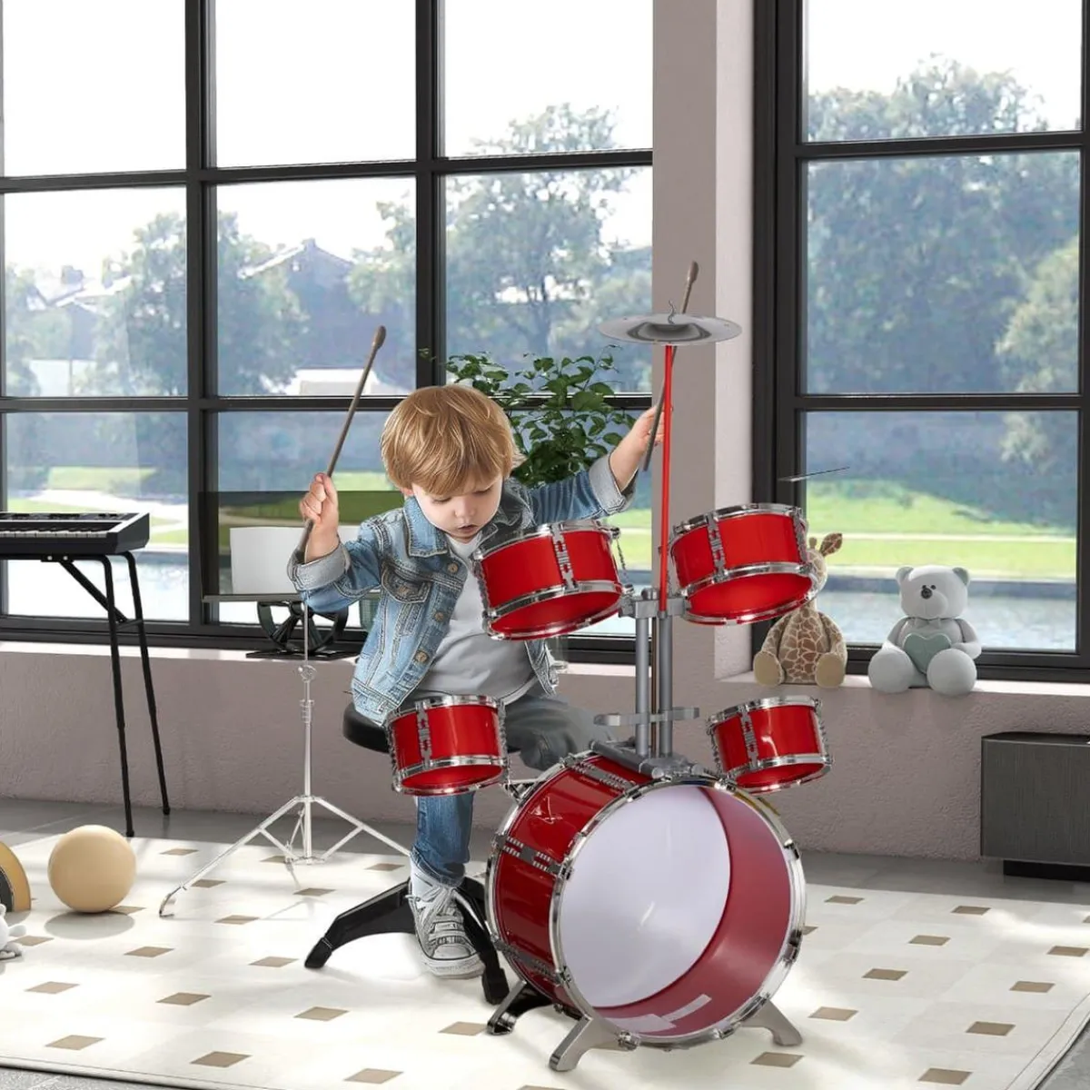Outlet Homcom - Batería infantil 6 piezas con taburete Rojo Música|Electrónicos