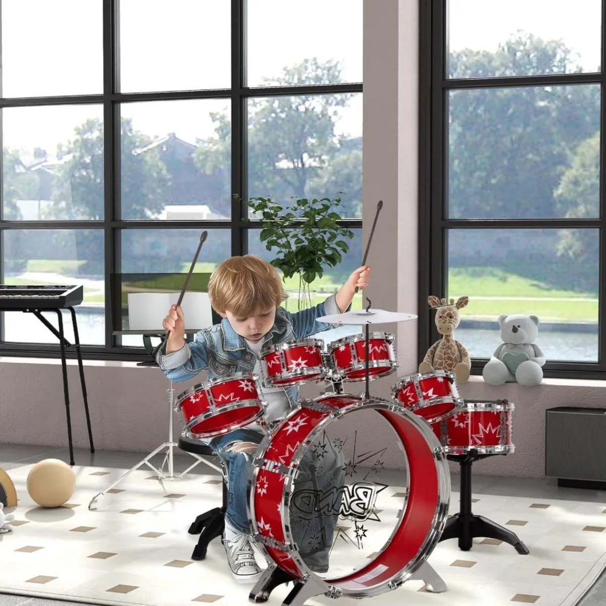 Homcom - Batería infantil 7 piezas con taburete Rojo*AIYAPLAY New