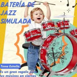 Homcom - Batería infantil 7 piezas con taburete Rojo*AIYAPLAY New