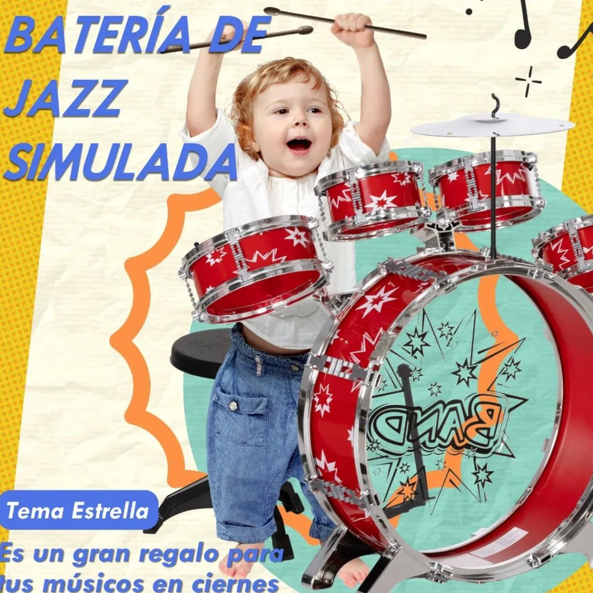 Homcom - Batería infantil 7 piezas con taburete Rojo*AIYAPLAY New