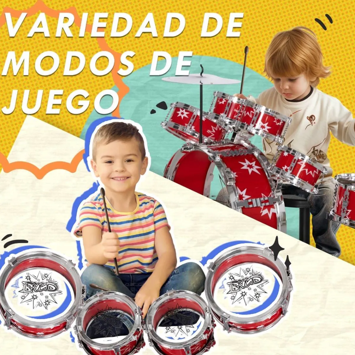 Homcom - Batería infantil 7 piezas con taburete Rojo*AIYAPLAY New