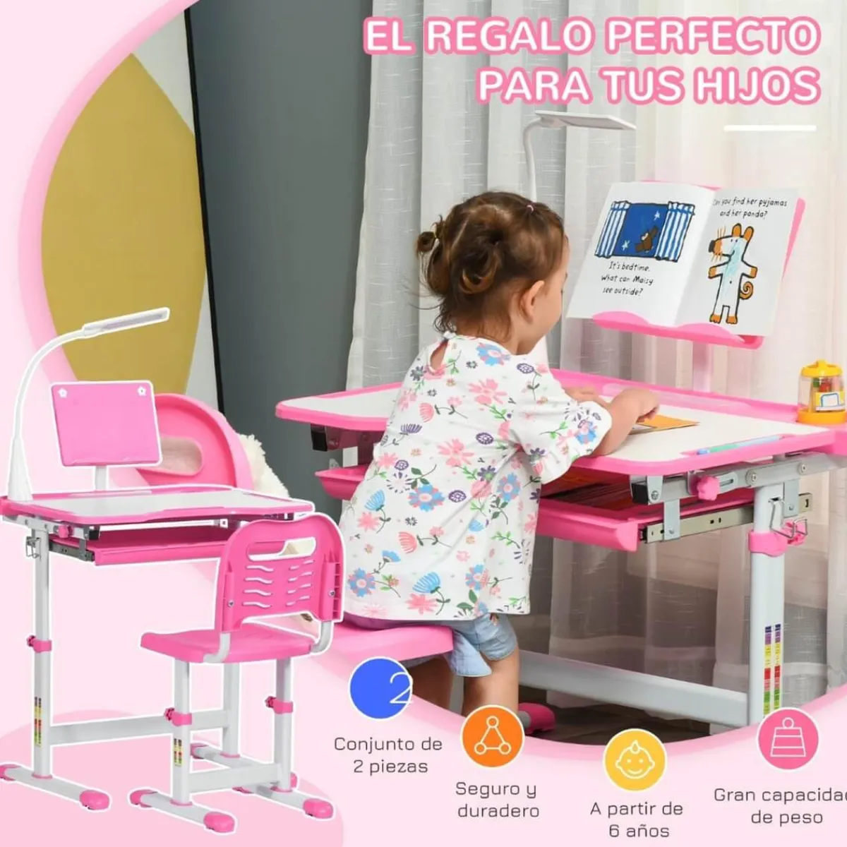 - Conjunto Pupitre reclinable + Silla Rosa*Homcom New