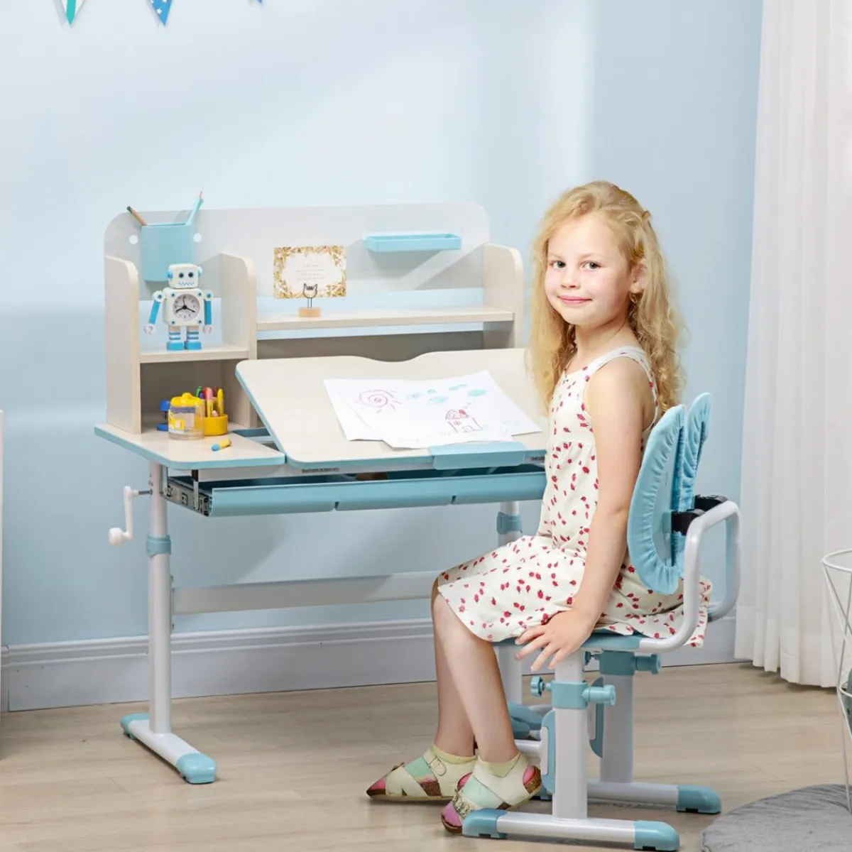 - Escritorio con estante y silla ajustable Azul y Blanco*Homcom Hot