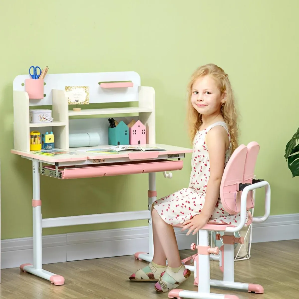 - Escritorio con estante y silla ajustable Rosa y Blanco*Homcom Hot