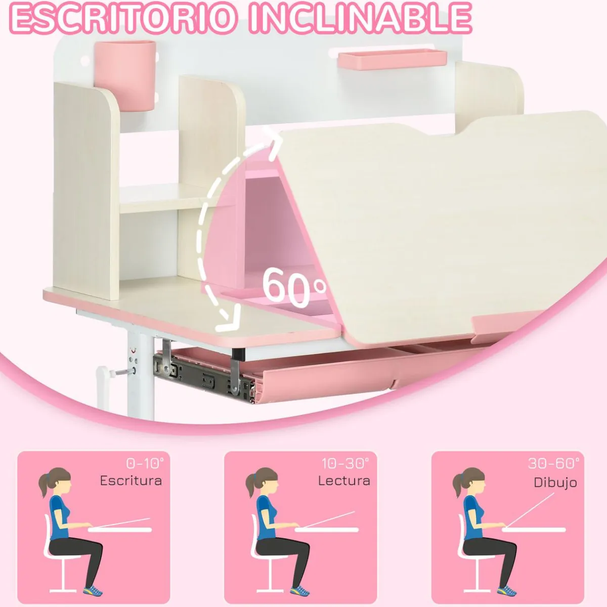 - Escritorio con estante y silla ajustable Rosa y Blanco*Homcom Hot