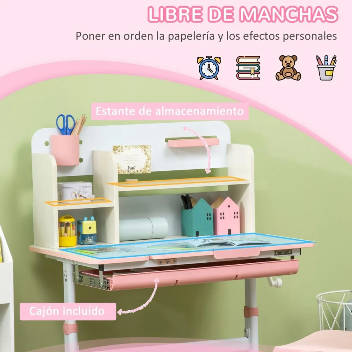 - Escritorio con estante y silla ajustable Rosa y Blanco*Homcom Hot