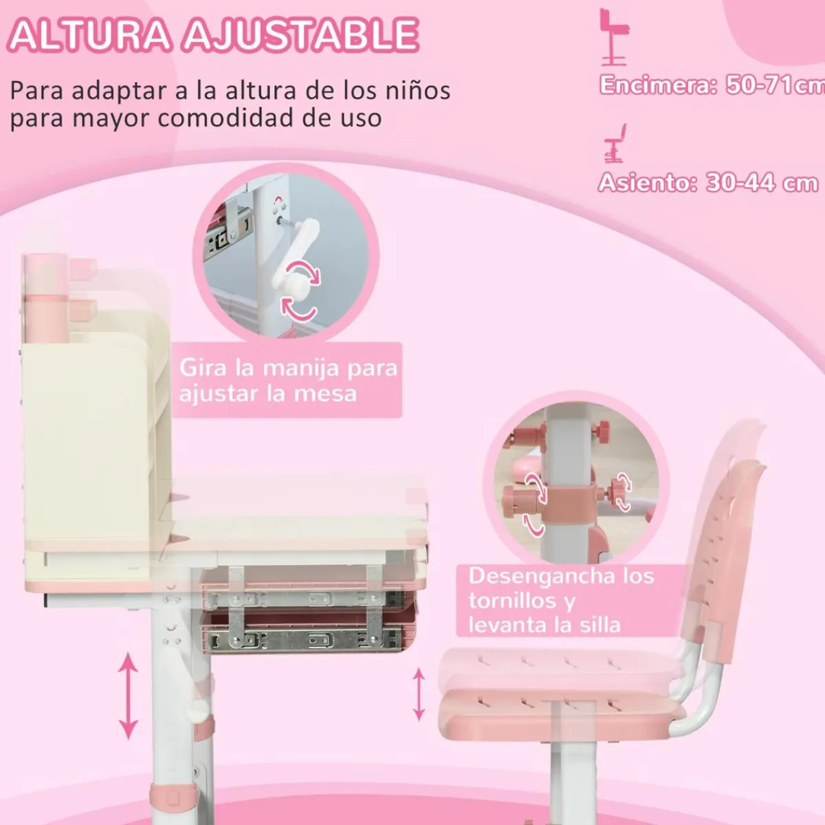 Outlet - Escritorio con estante y silla con altura ajustable Blanco y Rosa Estilo De Vida
