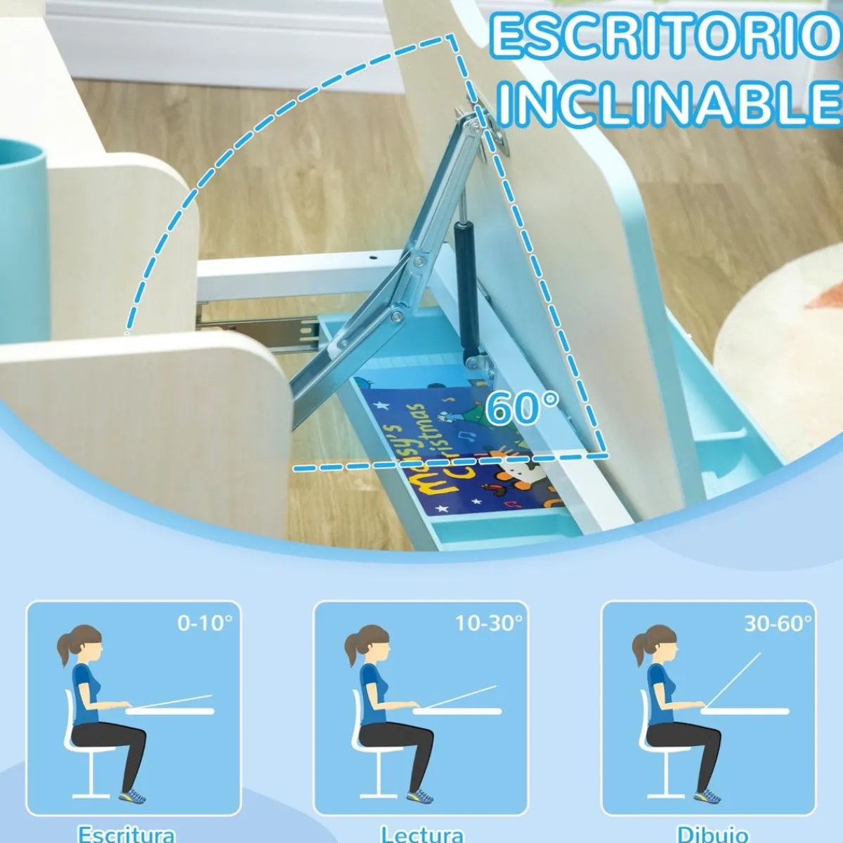 - Escritorio con estante y silla ajustable Blanco y Azul*Homcom Online