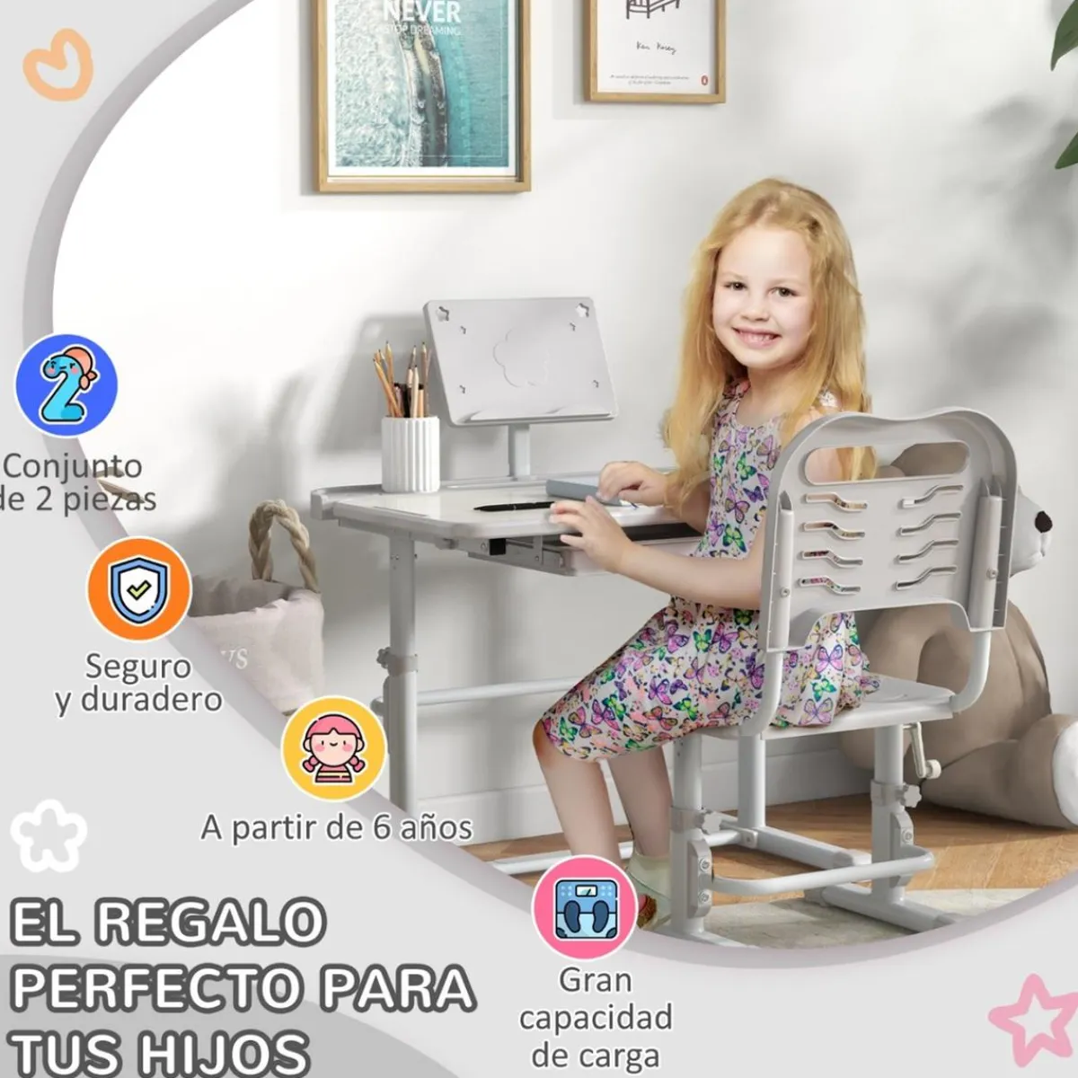 New - Escritorio y silla ajustable Gris y Blanco Estilo De Vida