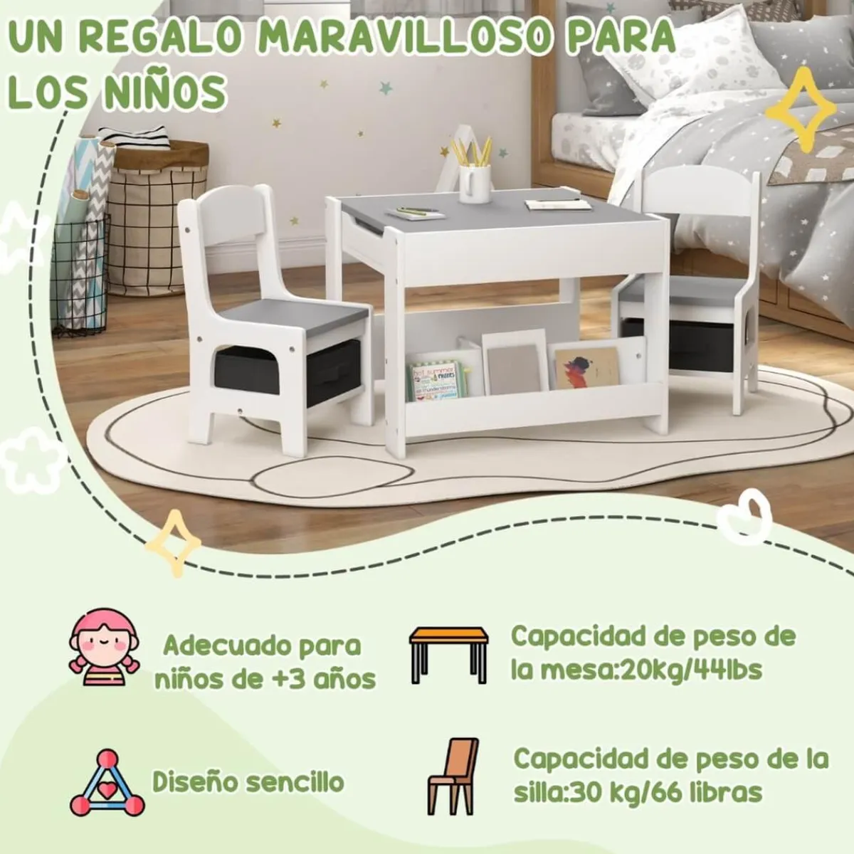 - Mesa + 2 sillas infantiles Blanco*Homcom Clearance