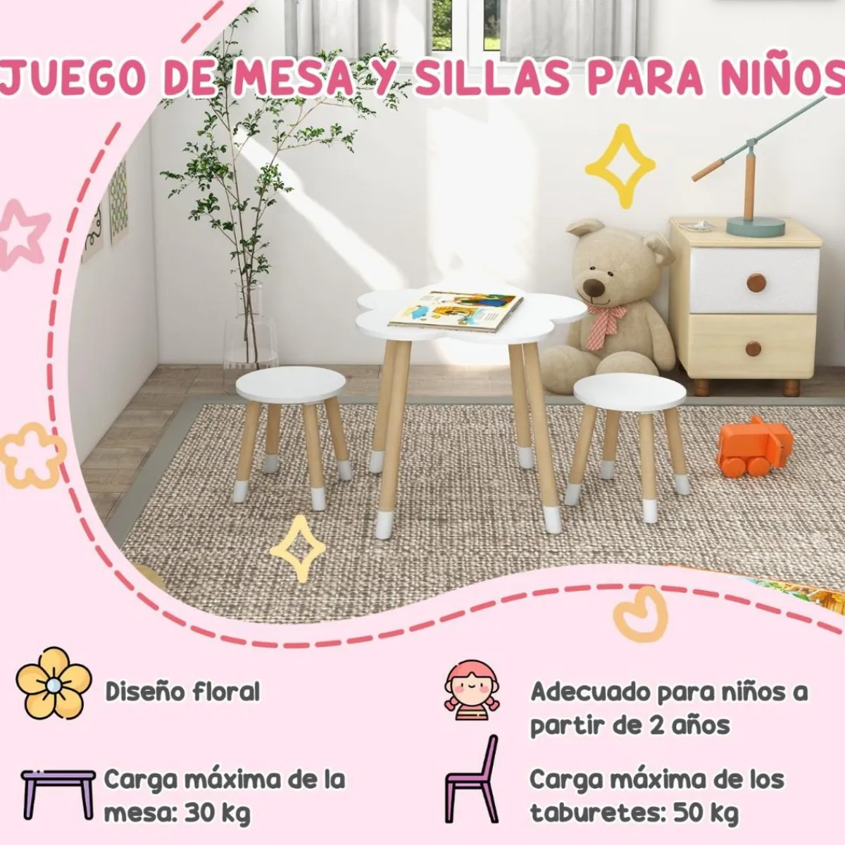 Outlet - Mesa Flor y bancos Blanco Estilo De Vida