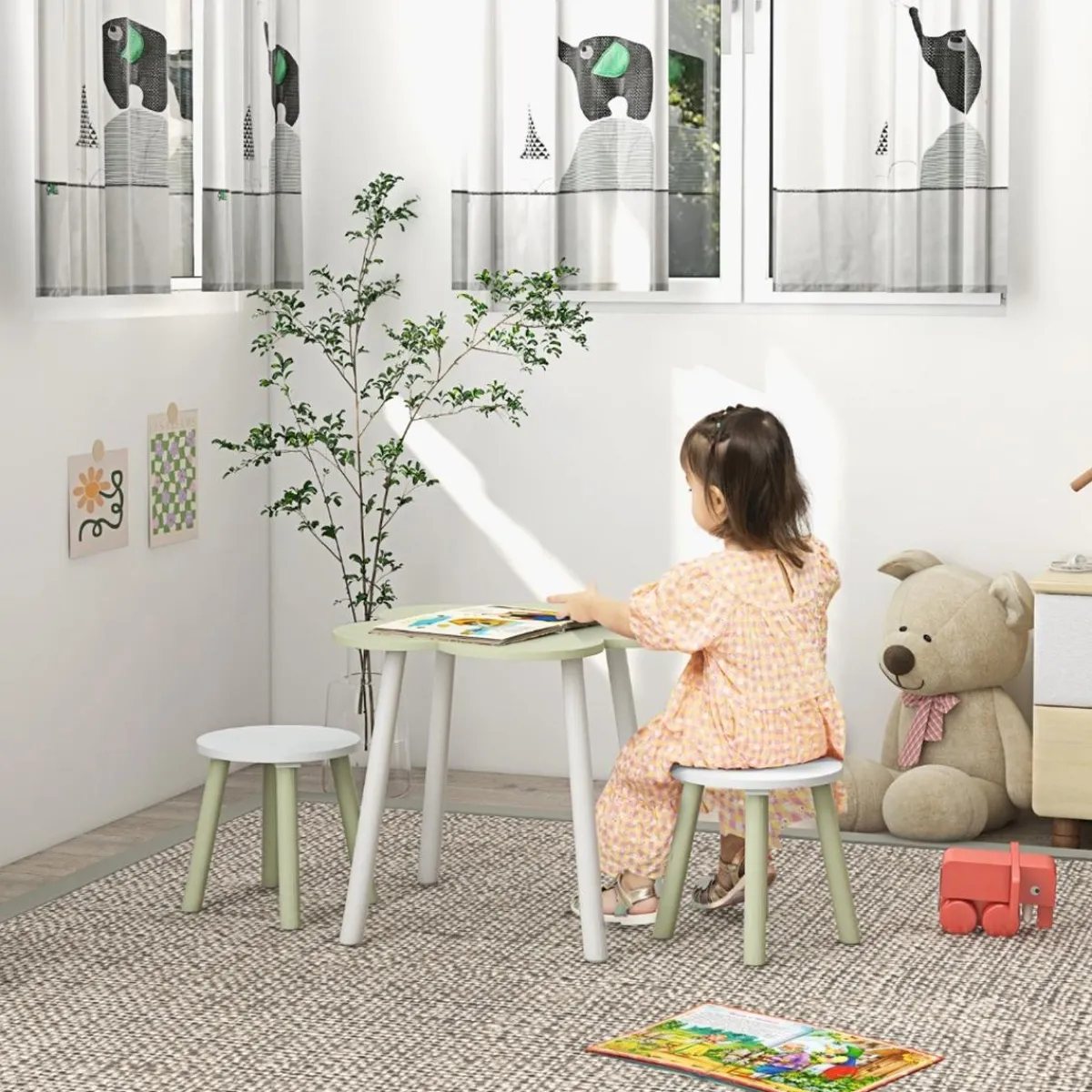 - Mesa Flor y bancos Verde y Blanco*Homcom Online