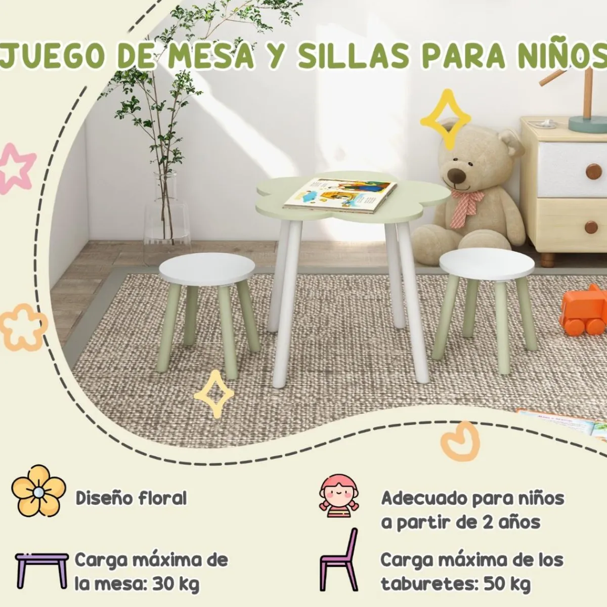 - Mesa Flor y bancos Verde y Blanco*Homcom Online