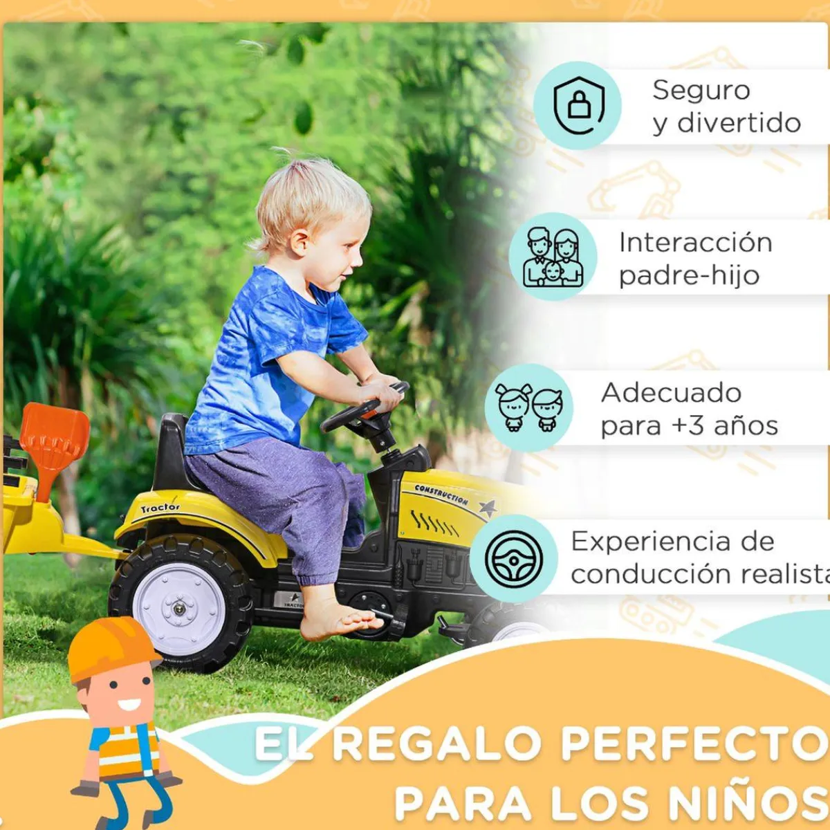 Hot - Tractor a pedales con remolque amarillo Vehículos De Batería O A Pedales