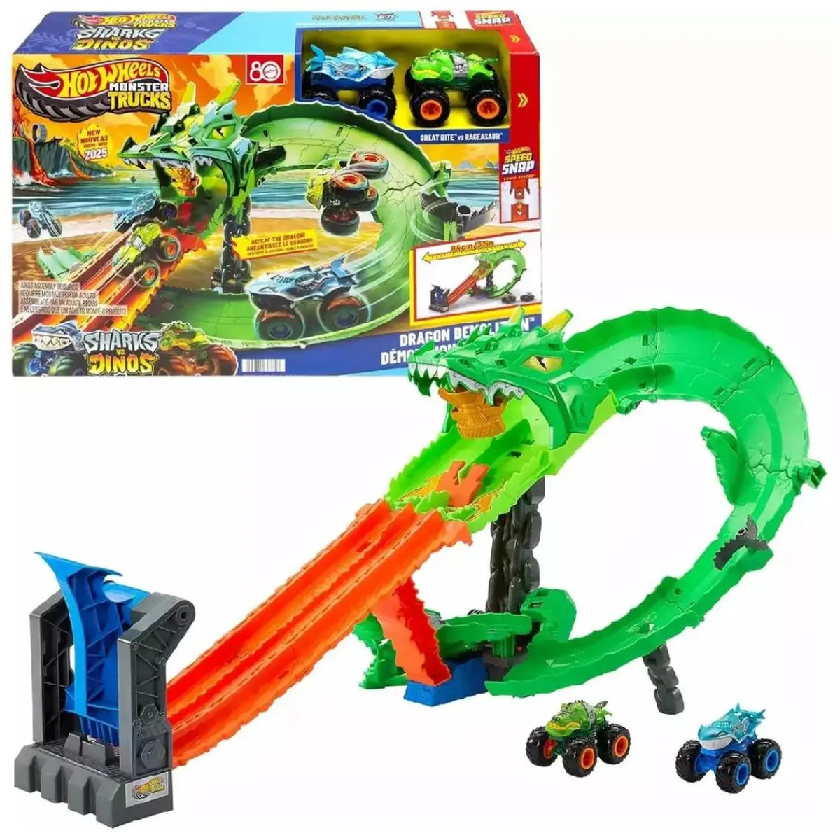 New Monster Trucks - Conjunto Destrucción del Dragón - Serie Sharks Vs Dinos Vehículos Y Circuitos