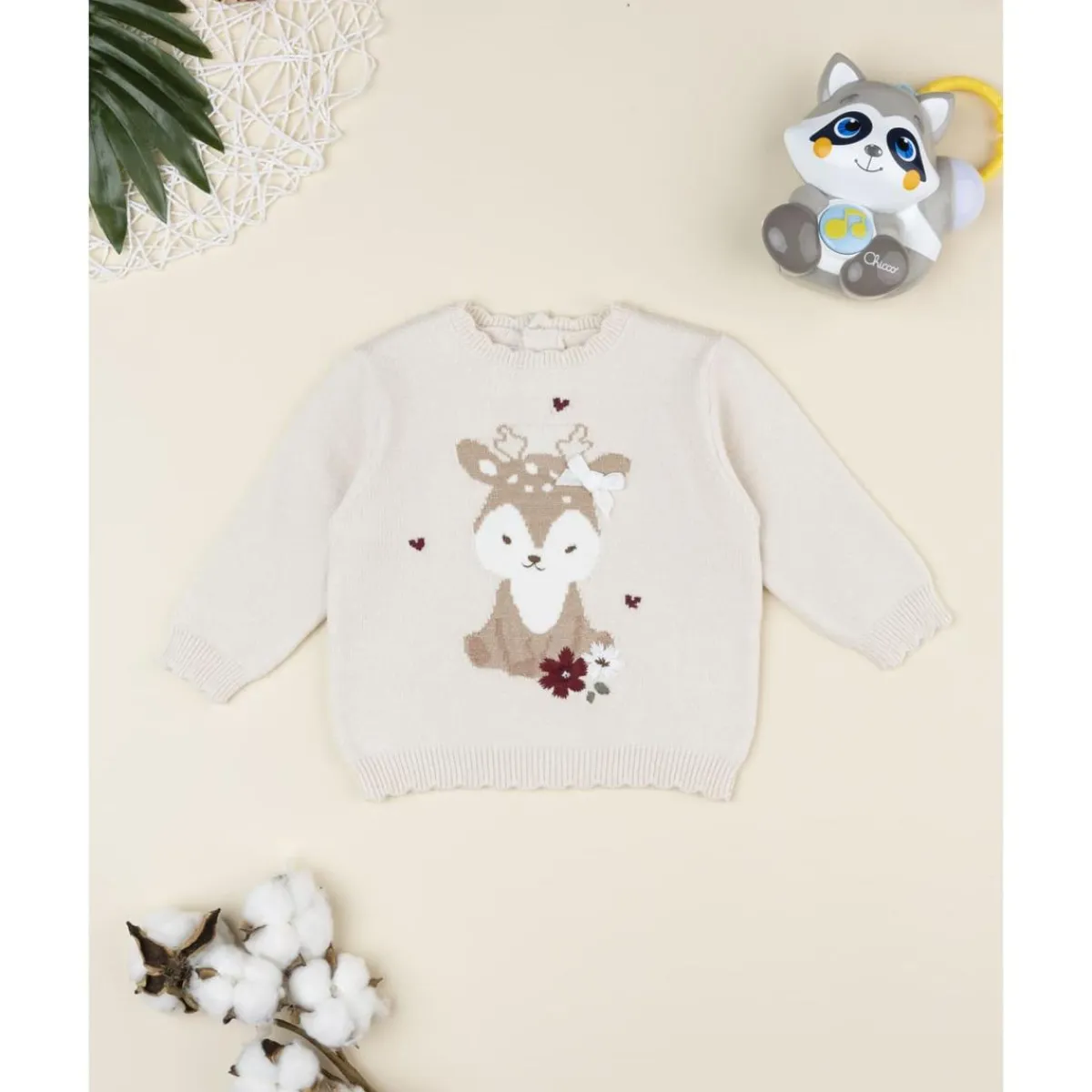 Outlet Jersey de niña beige con cervatillo bordado Recién Nacido·Ropa Y Accesorios|Ropa Y Accesorios·Punto