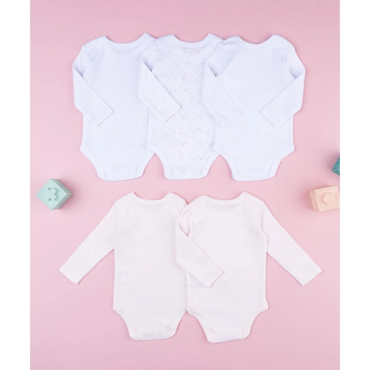 Pack 5 bodies de manga larga para bebé niña en blanco y rosa*Prenatal Clearance