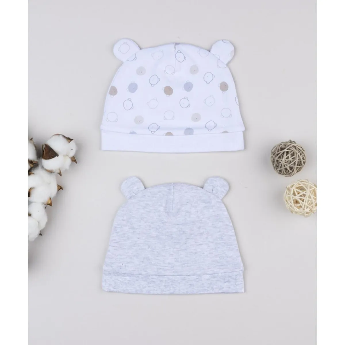 Pack 2 gorros de recién nacido en crema y gris con orejitas*Prenatal