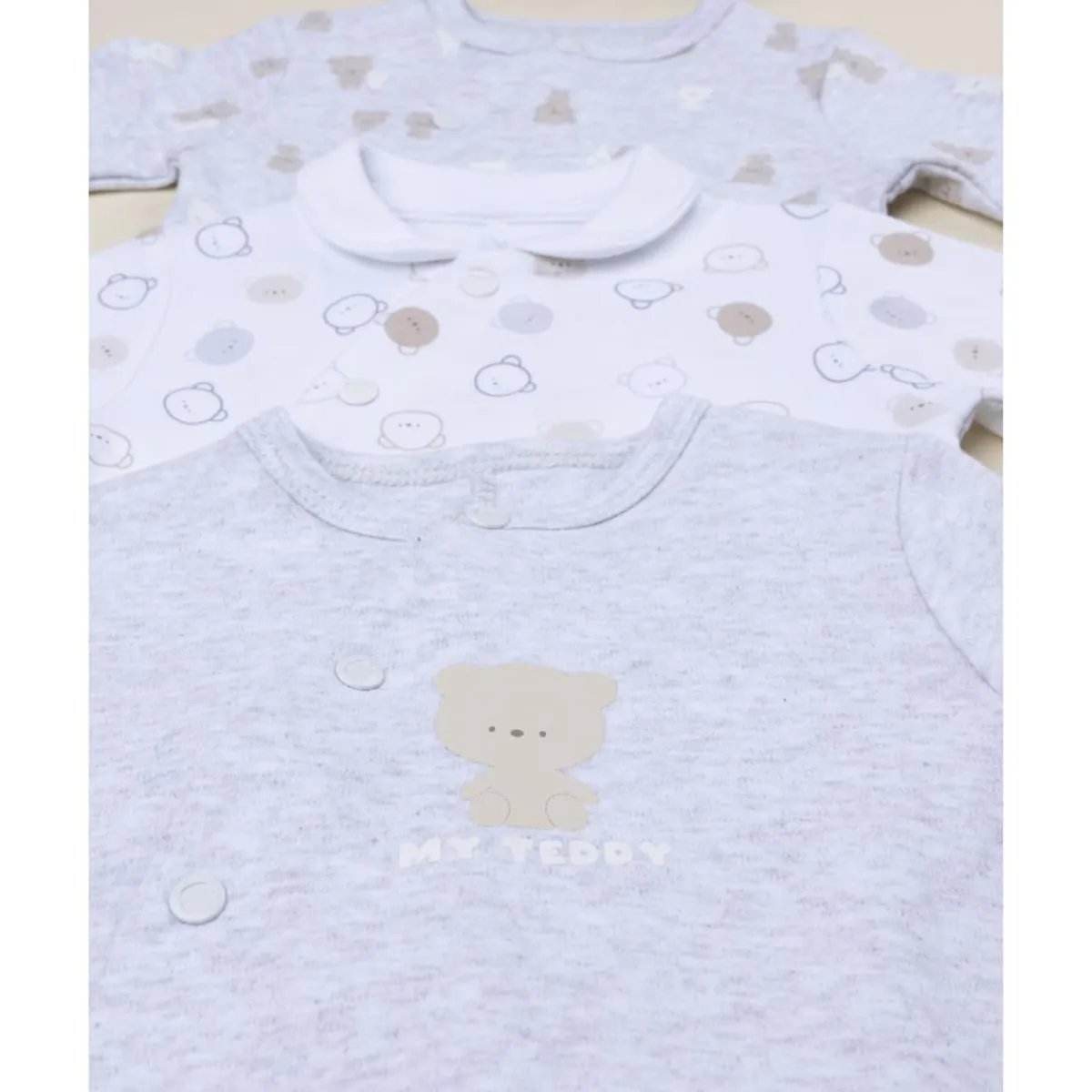 Outlet Pack 3 pijamas de bebé gris y blanco con estampado de ositos Ropa Y Accesorios·Peleles|Recién Nacido·Ropa Y Accesorios