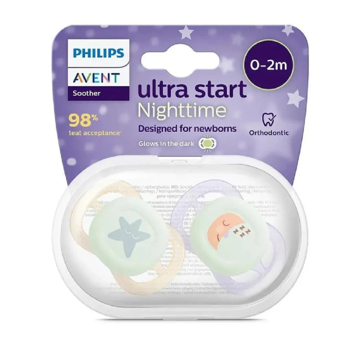 Discount Philips - 2 chupetes nocturnos Ultra Start niña lila y amarillo (0-2m) Biberones Y Chupetes·Chupetes