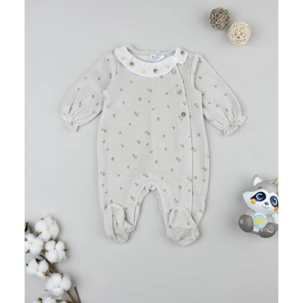 Pijama de bebé en terciopelo marrón con bordados*Prenatal Discount