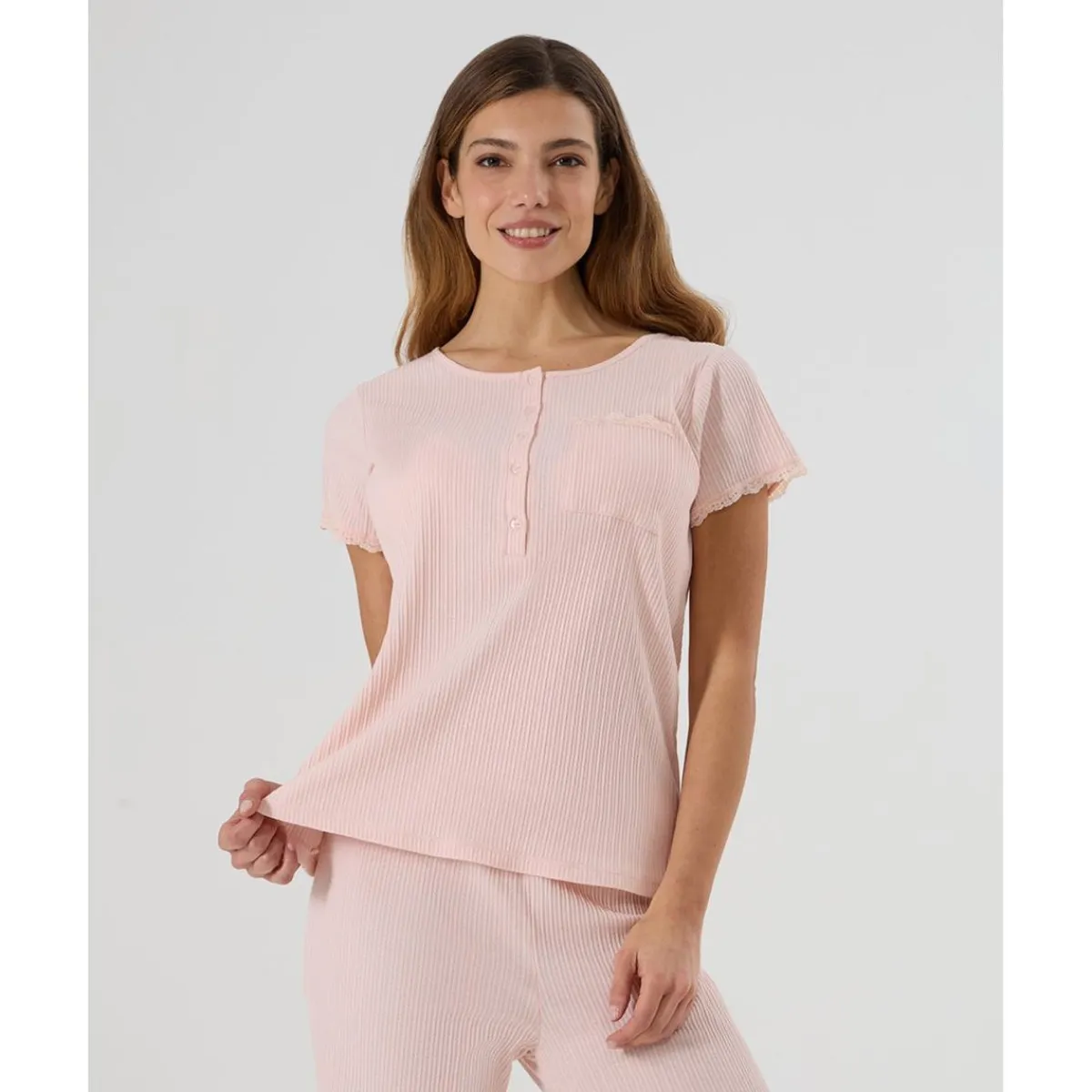 Pijama premamá rosa con encaje y botones para lactancia*Prenatal Clearance